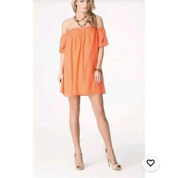 New Bebe Off Shoulder Silk Chiffon Dress Coral Orange Summer Party Taylor Swift - Picture 8 of 10